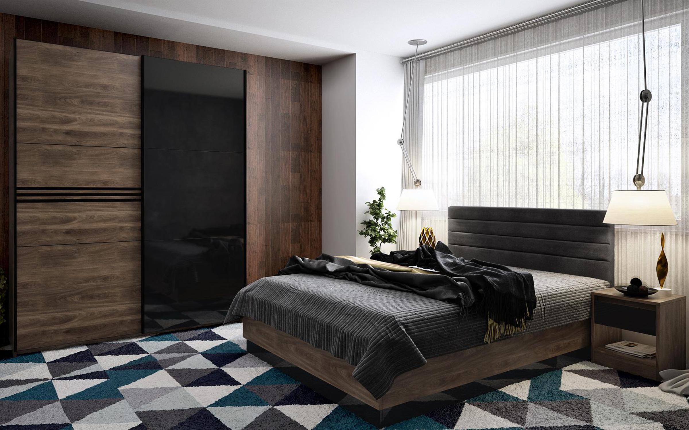 Set dormitor Modern pentru saltea 160/200, brandy stejar castelo + negru lucios  1